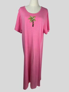 The Quacker Factory Pink Maxi Dress Sz L Beaded Palm Tree Design Short Sleeves